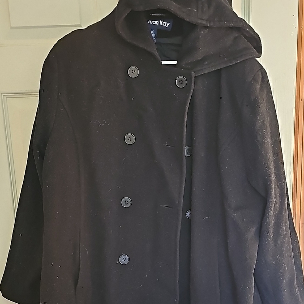 Black Double-Breasted Coat with Hood